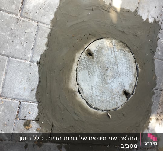 מכסה ביוב עגול מוקף בטון רטוב